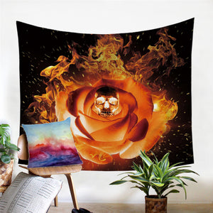 Golden Skull On Rose Tapestry - Beddingify