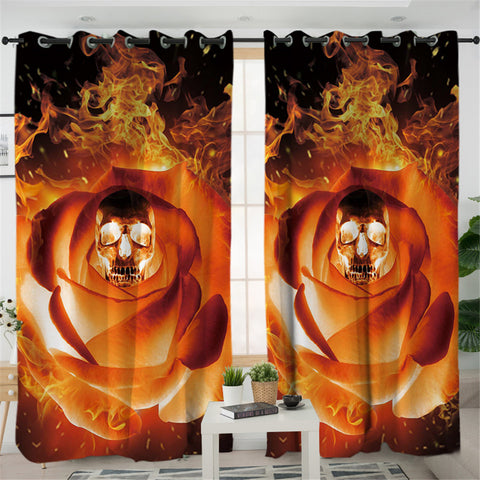 Image of Flame Rose Skull 2 Panel Curtains