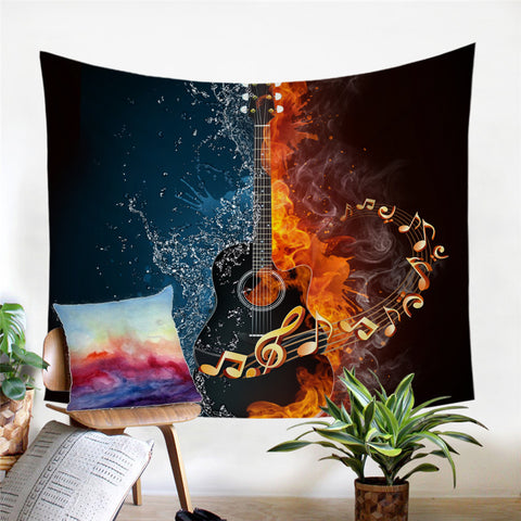 Image of Elemental Contrast Black Rock Guitar Tapestry - Beddingify