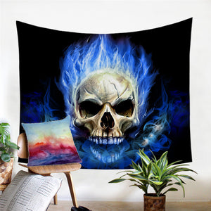 Blue Flaming Skull Tapestry - Beddingify