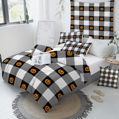 Image of Pumpkin Icons On Plaid Bedding Set - Beddingify