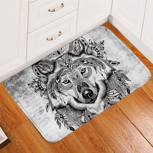 B&W Tribal Wolf Door Mat