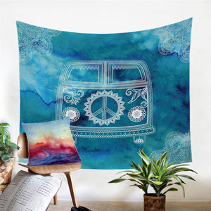 Peace Bus Aqua Tapestry - Beddingify