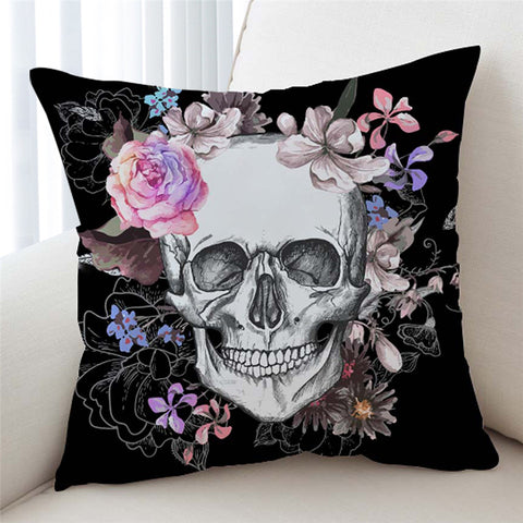 Image of Flowery Skull Black Cushion Cover - Beddingify