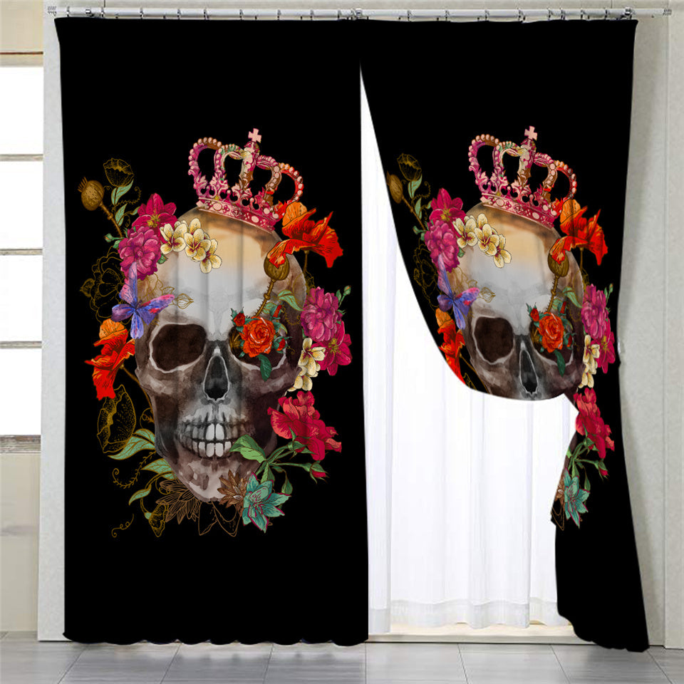 Crowned Skull & Flower Black 2 Panel Curtains