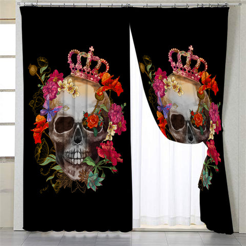 Image of Crowned Skull & Flower Black 2 Panel Curtains