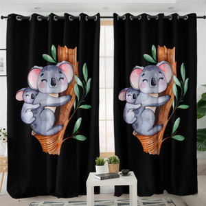 3D Koala Family Black 2 Panel Curtains