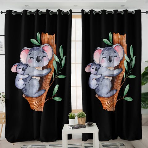 Image of 3D Koala Family Black 2 Panel Curtains
