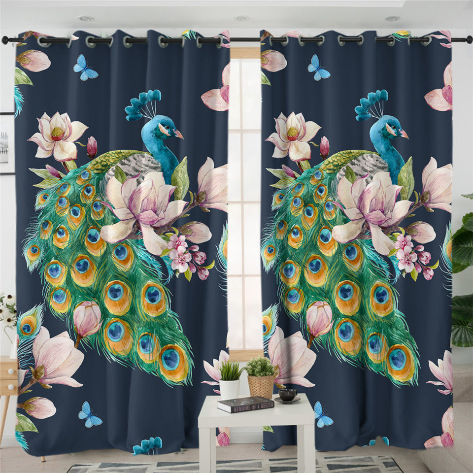 Flowery Peacock 2 Panel Curtains