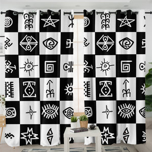 Chessboard Themed with Symbols 2 Panel Curtains