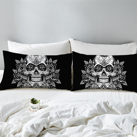 Image of Skull On Roses B&W Pillowcase