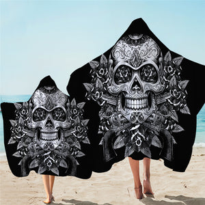 Skull On Roses Hooded Towel B&W Hooded Towel