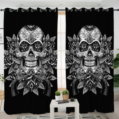 Image of Black Sugar Skull Themed 2 Panel Curtains