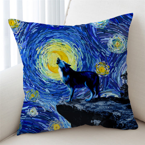 Image of Oilpaint Fullmoon Wolfhowl Cushion Cover - Beddingify