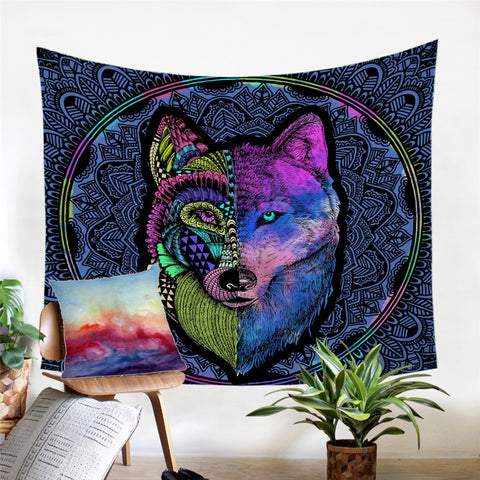 Image of Contrast Wolf Mandala Tapestry - Beddingify