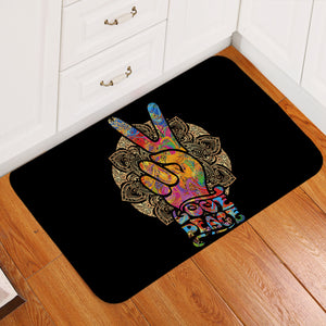 Love Peace Handsign Black Door Mat