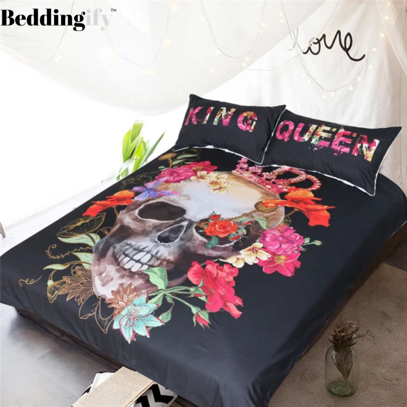 Crowned Floral Skull Comforter Set - Beddingify