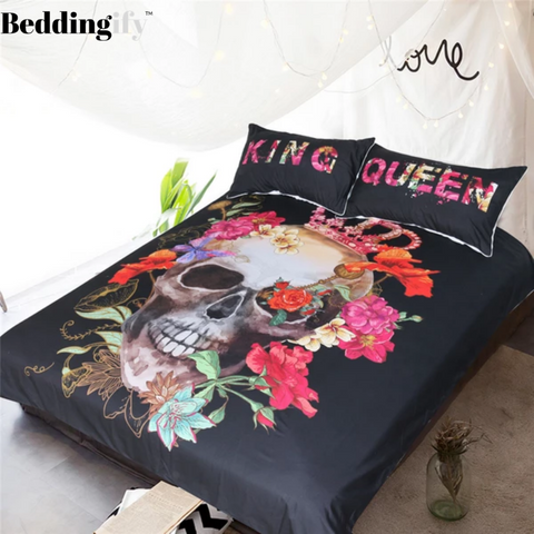 Image of Crowned Floral Skull Comforter Set - Beddingify