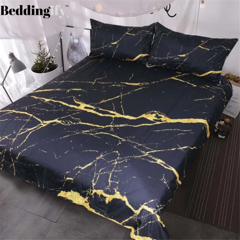 Gold Glitter Black Marble Stone Bedding Set - Beddingify
