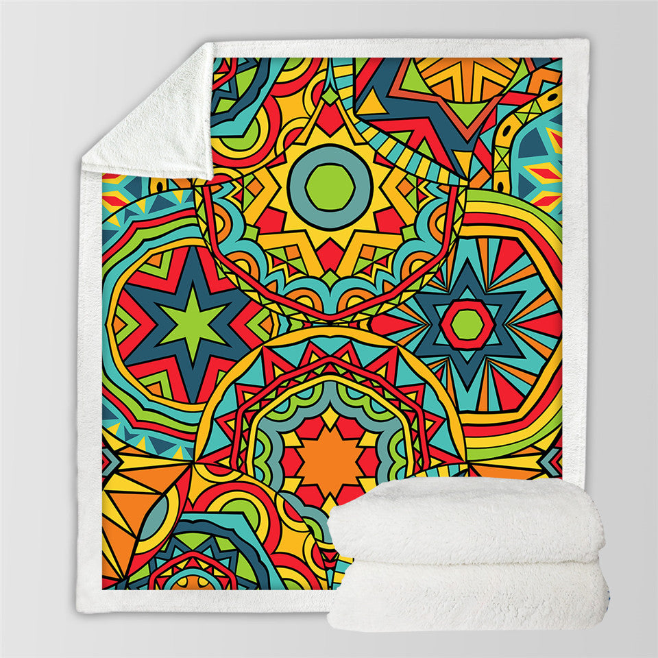 Mandala Hippie Art Themed Sherpa Fleece Blanket