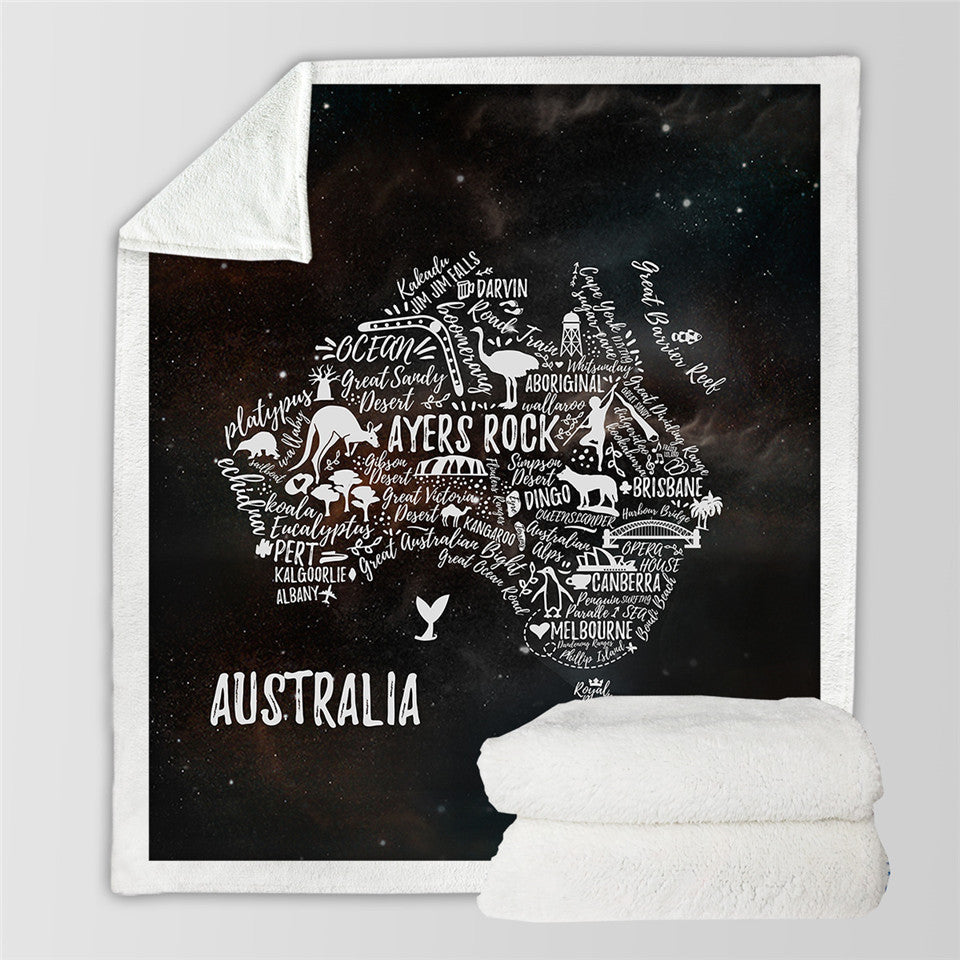 Black Australia Map Sherpa Fleece Blanket