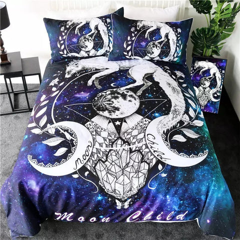 Image of Moon Child Galaxy Fox By Pixie Cold Art Bedding Set - Beddingify
