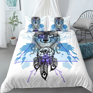 Dotted Tribal Wolf White Bedding Set - Beddingify