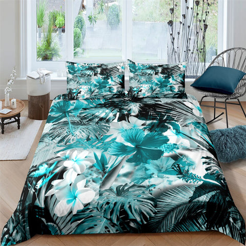Image of Black & Teal Floral 3 Pcs Quilted Comforter Set - Beddingify