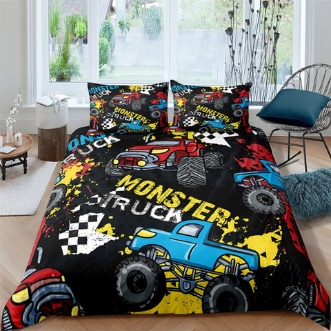 Image of Cartooned Monster Trucks Pattern 3 Pcs Quilted Comforter Set - Beddingify