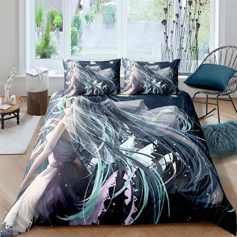 Image of Long Hair Anime Girl 3 Pcs Quilted Comforter Set - Beddingify