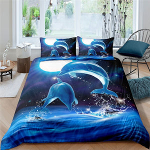 Moon Dolphins & Stripes 3 Pcs Quilted Comforter Set - Beddingify