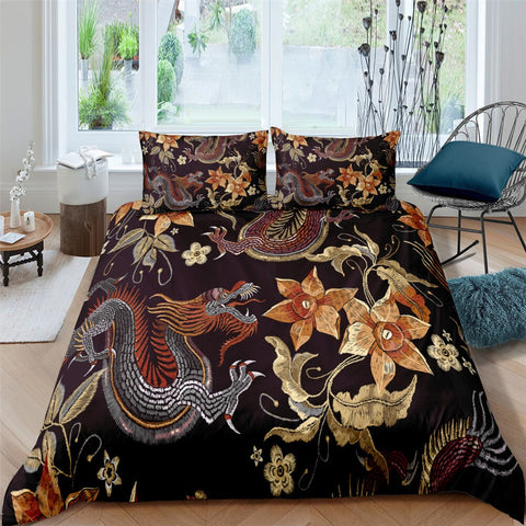 Image of Woven Dragon & Flower 3 Pcs Quilted Comforter Set - Beddingify