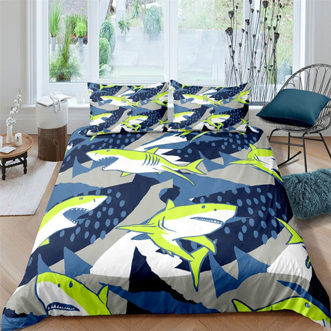 Image of Green Sharks 3 Pcs Quilted Comforter Set - Beddingify