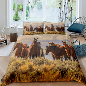 3D Grassland Horses 3 Pcs Quilted Comforter Set - Beddingify