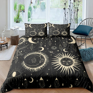 Gothic Sun & Moon Black 3 Pcs Quilted Comforter Set - Beddingify