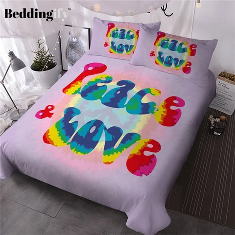 Image of Peace and Love Rainbow Duvet Cover Bedding Set - Beddingify