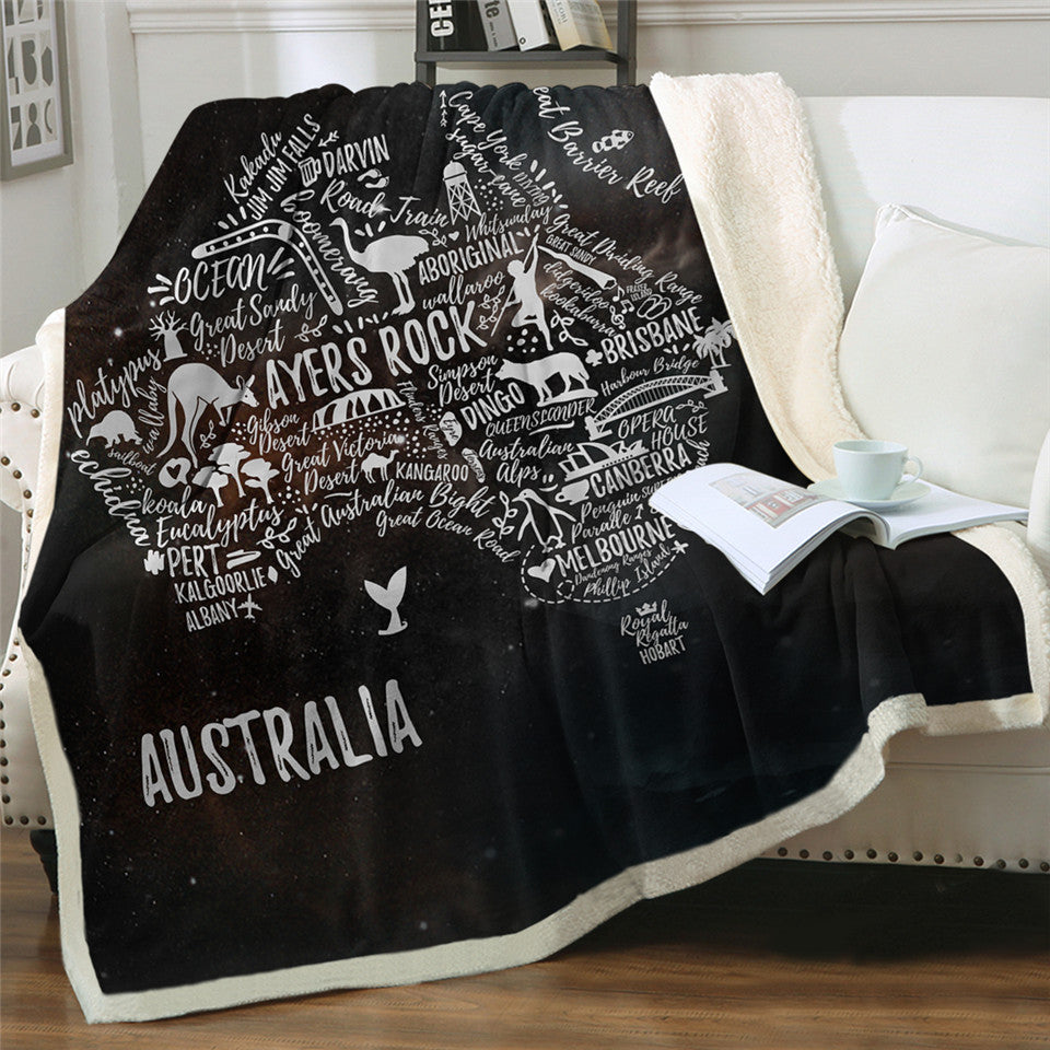 Black Australia Map Sherpa Fleece Blanket