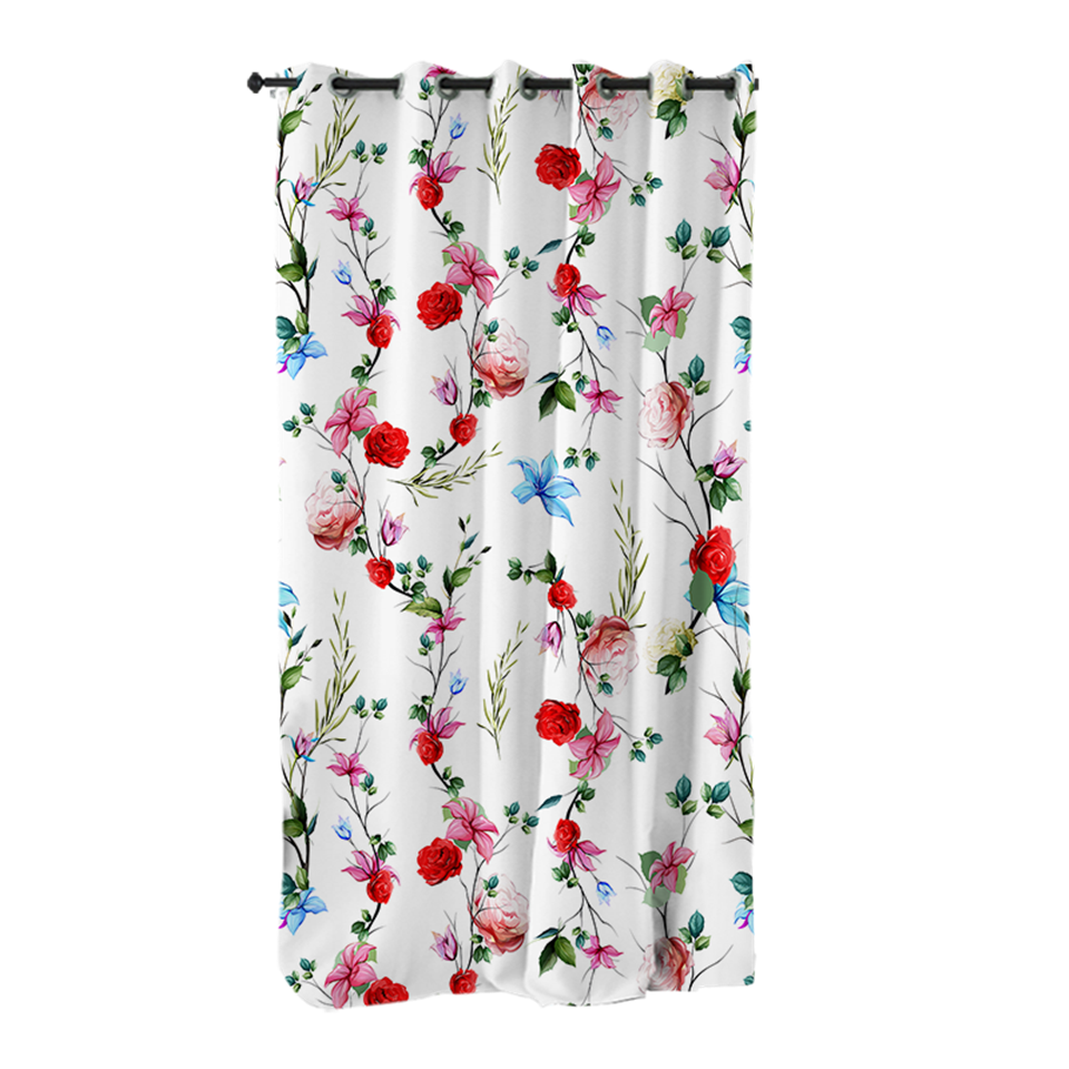 Red Flower Leave White 2 Panel Curtains