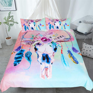 Watercolor Skull Feathers Comforter Set - Beddingify