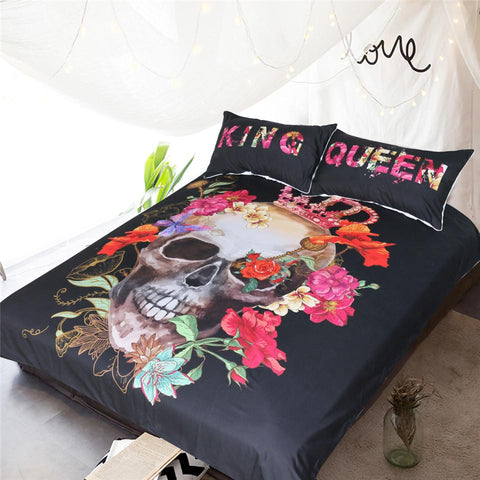 Image of Crowned Floral Skull Comforter Set - Beddingify