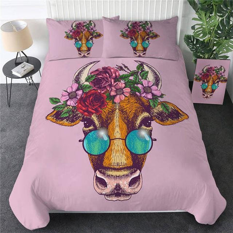 Image of Pink Floral Cow with Sunglasses Bedding Set - Beddingify