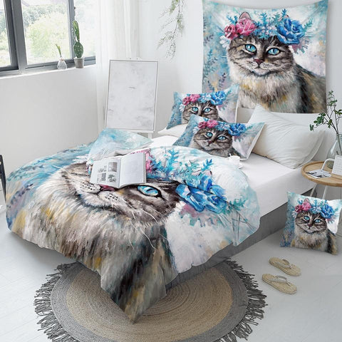 Image of Cat Flower Wreath Comforter Set - Beddingify