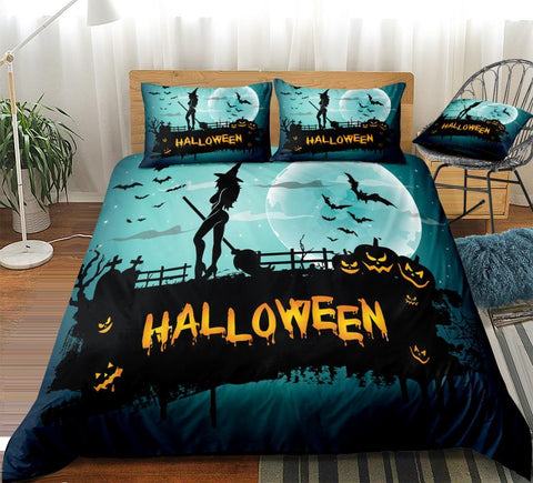 Image of 3D Blue Halloween Pumpkin Lantern Comforter Set - Beddingify