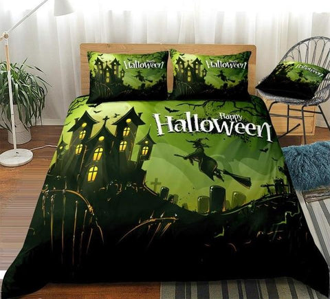 Image of 3D Halloween Witch Flying on Broom Comforter Set - Beddingify