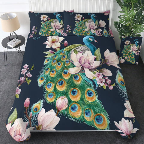 Image of Peacock Bird with Blooming Sakura Flower Comforter Set - Beddingify