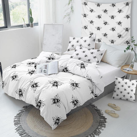 Image of Black White Bee Comforter Set - Beddingify