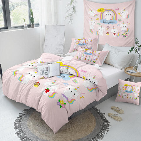 Image of Cartoon Cat With Unicorn Horn Comforter Set for Kid - Beddingify