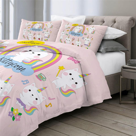 Image of Cartoon Cat With Unicorn Horn Comforter Set for Kid - Beddingify