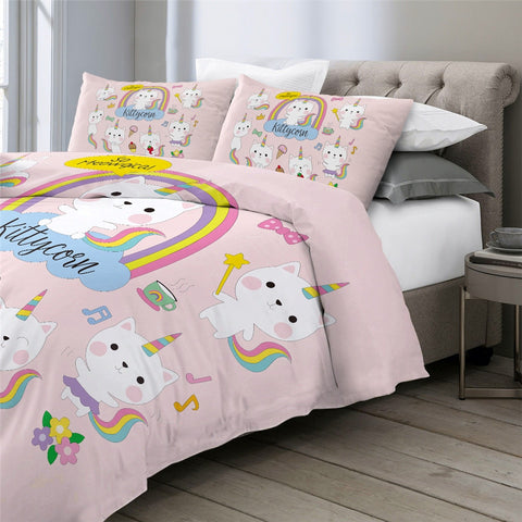 Image of Cartoon Cat With Unicorn Horn Bedding Set for Kid - Beddingify