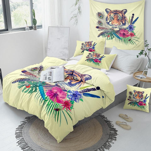 Image of Tiger And Flowers Comforter Set - Beddingify